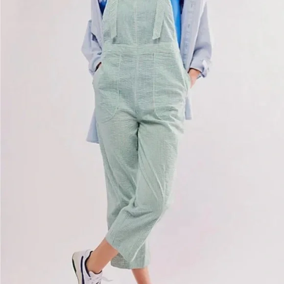 Free People Salopette In Town Green Striped Overalls Size Small New - Picture 3 of 10